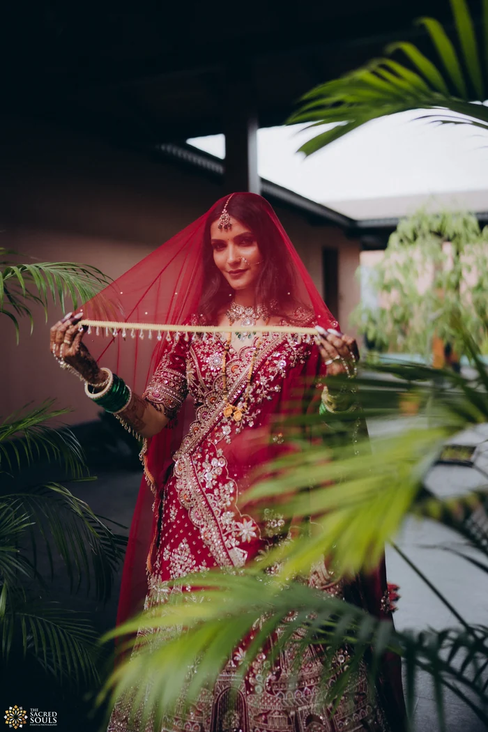 A bride in red lifting her veil among palm leaves